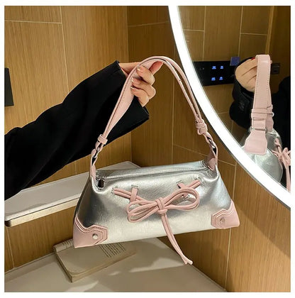 eybag Sweet Cool Bow Y2k Handbag Women Fairy Core Zipper Pu Leather Shoulder Bag Ladies Harajuku Silver Underarm Bags Purse