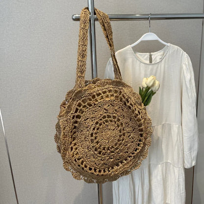 eybag Zipper Models French Straw Woven Circular Women's Shoulder Bag 2024 Hot Sale Large Capacity Handmade Straw Vacation Beach Bag