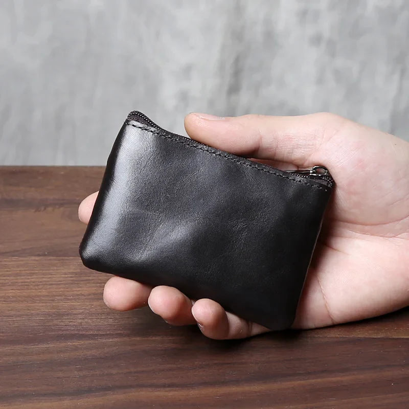 eybag Retro Genuine Leather Mini Zero Wallet For Men And Wom, Solid Color Top Layer Cowhide Zipper Small Card Bag, Minimalist Coin Bag