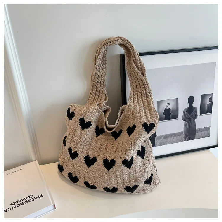 eybag Shopper Bags For Women Trend 2024 Cross Body Tote Embroideried Heart Knitted Women's Shoulder Bag Korean Popular Luxury Designer