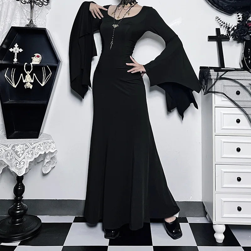 eybag Halloween Gothic Vintage Dress Women Square Neck Patchwork Spider Web Flare Sleeves Cosplay Long Party Dress