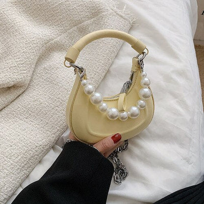 eybag Kawaii Tote PU Leather Half Moon Armpit Bag with Pearl Short Handle 2022 Women's Designer Handbag Luxury Shoulder Crossbody Bag