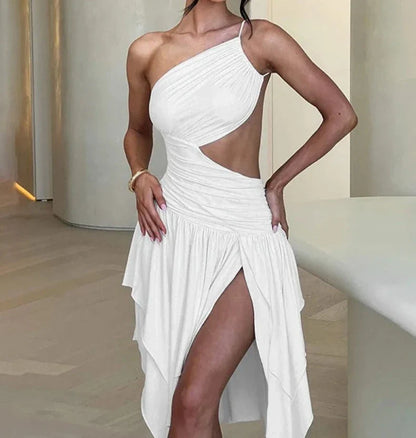 eybag Women 2024 Summer One Shoulder Hollow Out Midi Party Dresses Sleeveless High Waist Folds Backless Irregular Evening Slip Dress