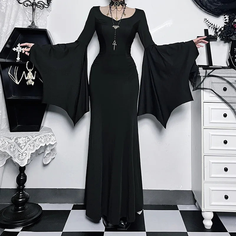 eybag Halloween Gothic Vintage Dress Women Square Neck Patchwork Spider Web Flare Sleeves Cosplay Long Party Dress