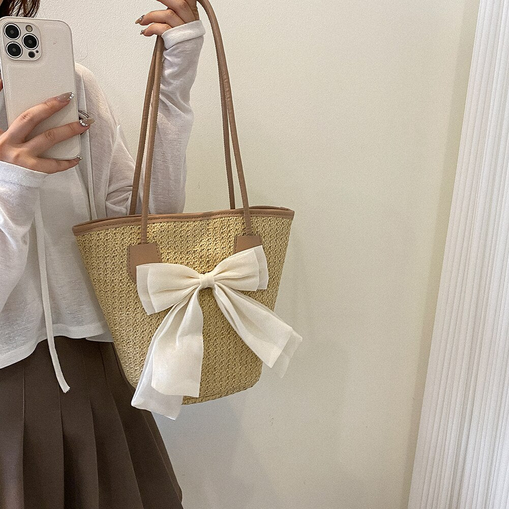 eybag Casual Straw Woven Handbags Women Summer Holiday Beach Bow Totes Top-Handle Bags Fashion Ladies Undearm Shoulder Bags