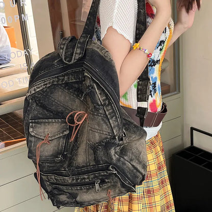 eybag Washed Denim Womens Backpack Large Capacity Y2k Hot Fashion Designer Big Travel Bag Girls  Daypack Bagpack Casual Commuter Bag