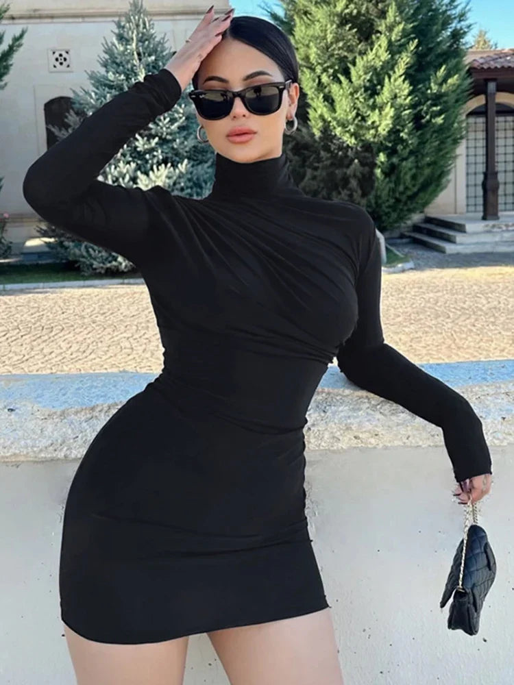 eybag Solid Long Sleeve Ruched Mini Dress For Women Bodycon Sexy Streetwear Party Elegant Outfit Birthday Short Dress Evening