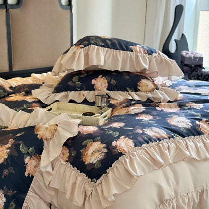 -3Pcs Vintage Rose Flowers Print Ruffles Duvet Cover Set, With Pillowcases, Quilt Cover Set, Bedding Set