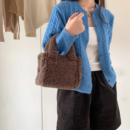 eybag Mini Lambswool Tote Bag Casual Faux Fur Bags for Women Handbags Warm Plush Shoulder Crossbody Bags Small Flap Phone Purses Chic