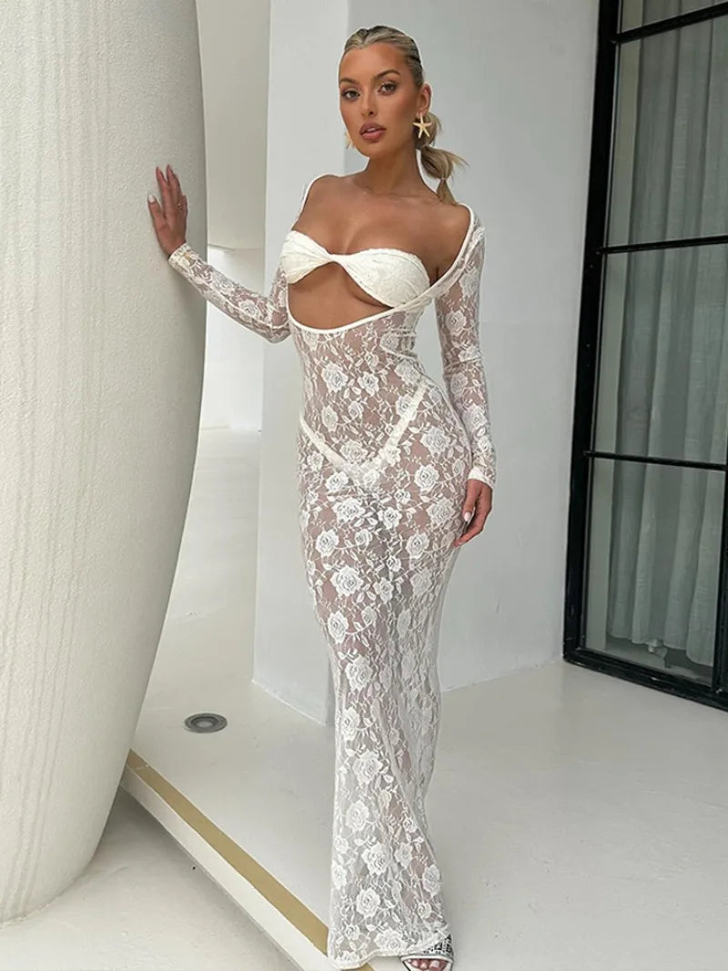 eybag Women Elegant Hollow Out High Waist White Lace Dress 2024 Sexy See-through Bodycon Long Evening Party Dresses Vacation Vestidos