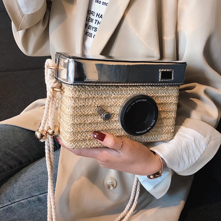 eybag Fun Designer Bag 2022 New Women Fashion Camera Straw Woven Handbag Female One Shoulder Bag Crossbody Bag Flap Purse