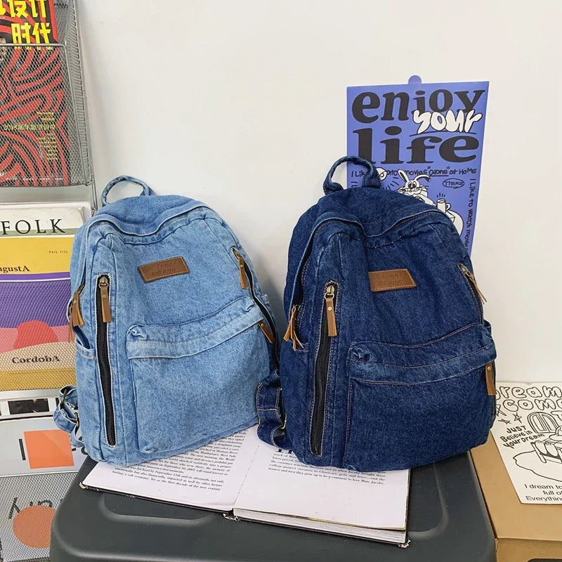 eybag Multi Pocket Fashion Denim Women Backpack Male Female Laptop College Backpack Trendy Cool Girl Kawaii Travel Student School Bag