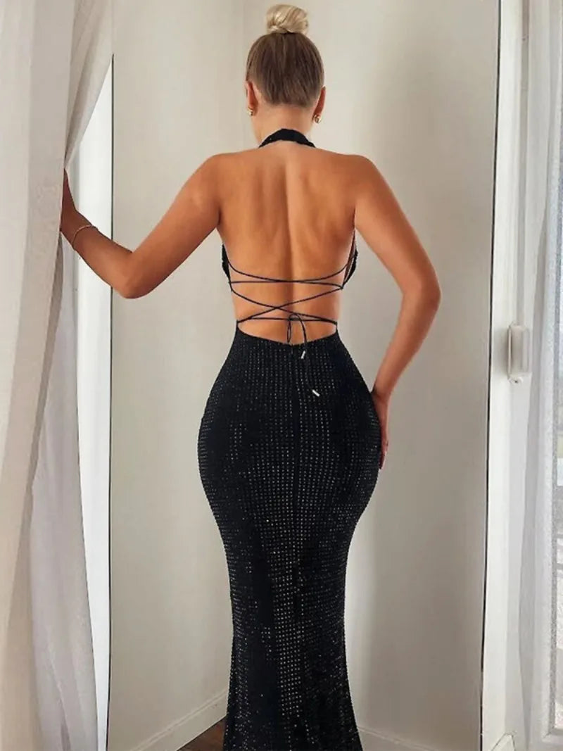 eybag 2024 Summer Halter Neck Backless Dot Print Evening Dresses Women Sexy Elegant Off Shoulder Bandage Long Maxi Party Dress Black