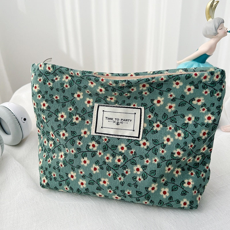 Lkblock Corduroy Embroidery Cosmetic Bag Clutch Bag Large Makeup Organizer Bags Korean Cosmetic Pouch Women Cute Toiletry Beauty Case