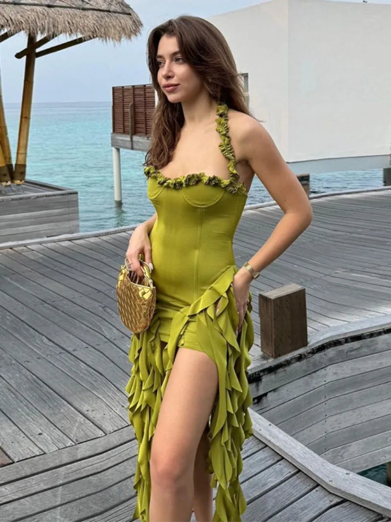 eybag 2024 Summer Sexy Halter Neck Irregular Green Dress Streetwear Woman Chic Sleeveless High Waist Backless Bandage Holiday Dresses