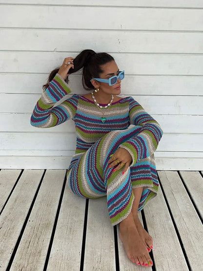 eybag Knitted Striped Slim Backless Long Dresses Women Casual Long Sleeve O-neck Thin Knitting Dress Female Chic Elegant Streetwear