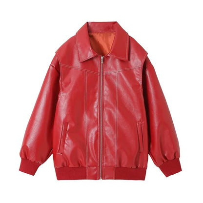 eybag Women Lapel Red Leather Jacket Loose Solid Jackets Chic Contrast Stitching Coat Long Sleeve 2024 Autumn Winter Female Streetwear