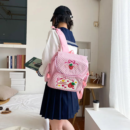 eybag Kawaii Kids School Bag Cute Strawberry Embroidery Dots Student Mochila Multi-Pocket Nylon Fashion Backpack for Teenager Girl