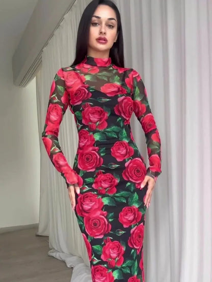 eybag 2024 Autumn Red Flowers Printed Mid-calf Dresses for Women Elegant Vintage High Waist Bodycon Long Sleeve Evening Party Dress