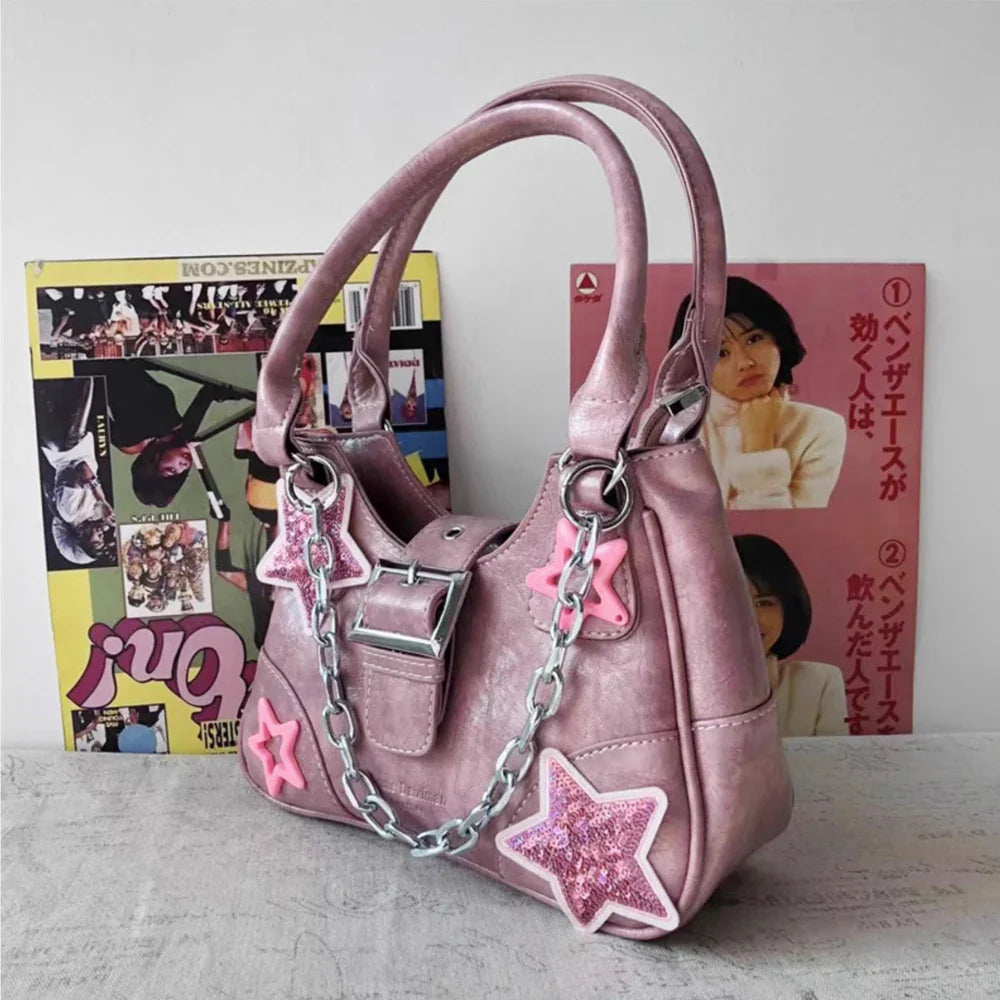 eybag Y2k Pink Shoulder Bag Women'S Star Pattern Pu Leather Underarm Harajuku Tote Chain Cross Body Handbag Cool Hiphop Zip Purses