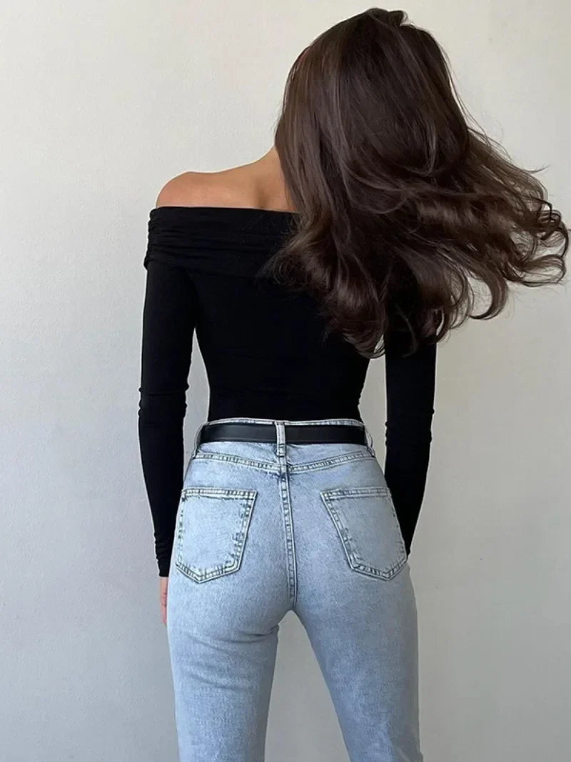 eybag Elegant 2024 Autumn Woman Clothing One Piece Bodysuit Top Streetwear Fashion Girls Off Shoulder V-neck Long Sleeve Folds T-shirt