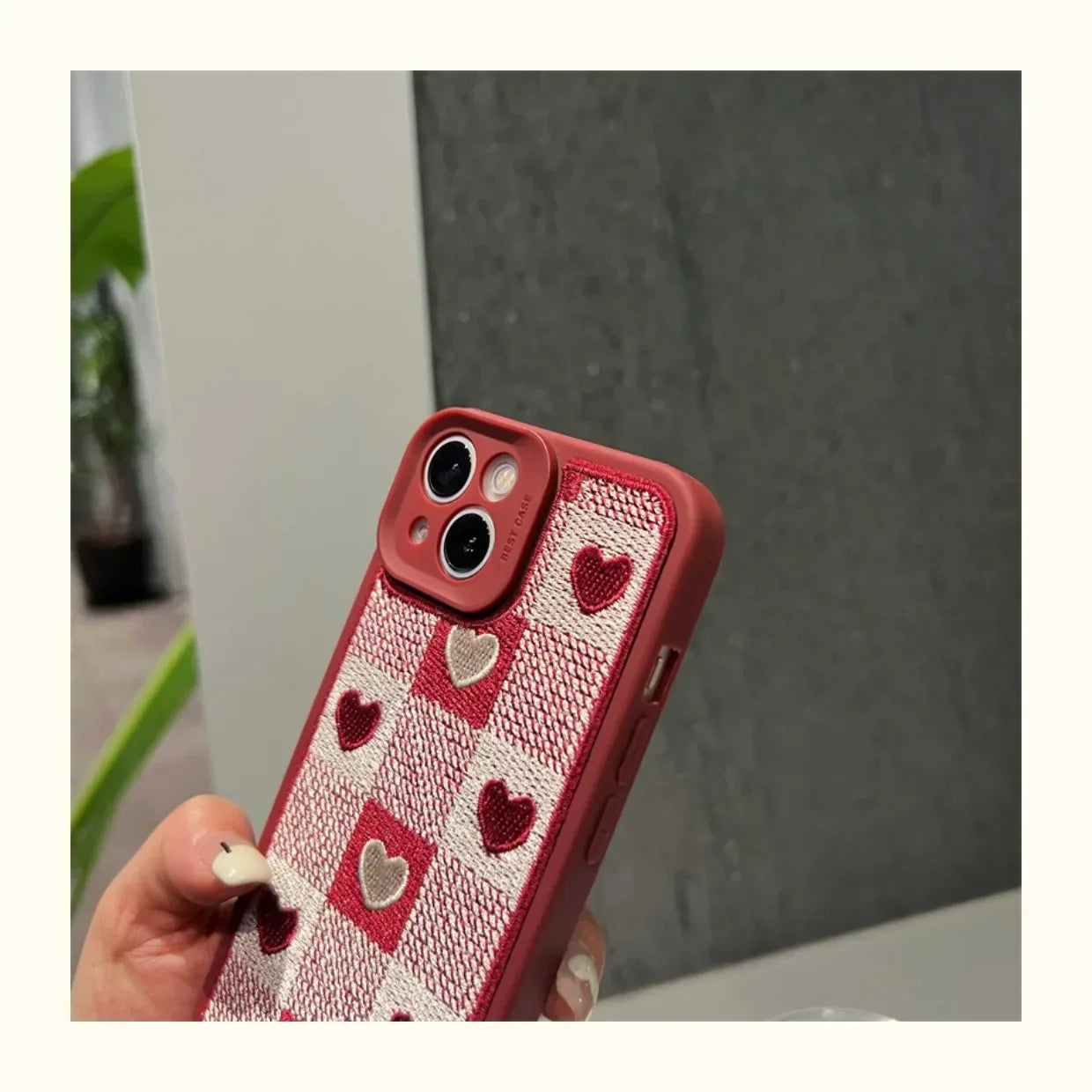 eybag Embroidery Love Heart Plush Phone Case for IPhone 15 14 13 12 11 Pro Max Xs Max XR 7 8 Plus Lens Protection Plaid Tpu Back Cover