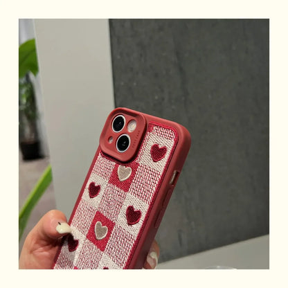 eybag Embroidery Love Heart Plush Phone Case for IPhone 15 14 13 12 11 Pro Max Xs Max XR 7 8 Plus Lens Protection Plaid Tpu Back Cover