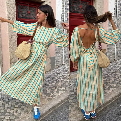 eybag Striped Print Women Maxi Dress women Elegant O Neck Lantern Sleeve Backless Female Dresses 2024 Summer High Waisted Robe