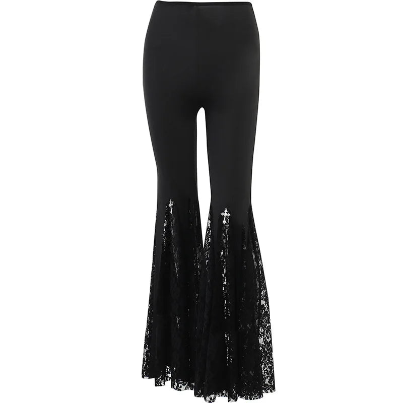 eybag Goth Mall Flare Pants Sexy Black Lace Patchwork High Waist Vintage Harajuku Hippie Punk Grunge Streetwear  Y2k Pants