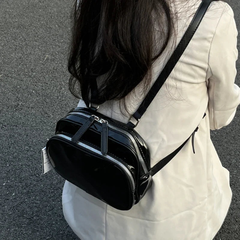 eybag Black Patent Leather Ladies Small Backpack Fashion Cool Girls Square Shoulder Bagss Retro Design Women's Travel Handbag Knapsack