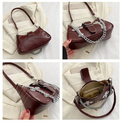 eybag Cool Chain Y2k Girls Underarm Bags Simple Pu Leather Women's Small Shoulder Bag Fashion Retro Female Clutch Handbags Purse