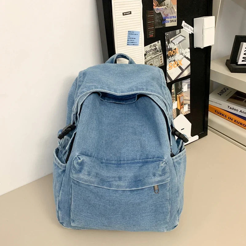 eybag Distressed Washed Denim Fabric Backpacks Unisex Travelling Rucksack With Anti-theft Hasp Large Capacity College Student Knapsack