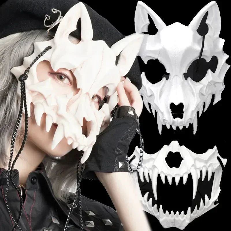 -Halloween Custom Party Skull Mask Long Teeth Demon Skeleton Half Face Mask Wolf Dragon Tiger Houjuu Nue Mask Cosplay Halloween Costume Props