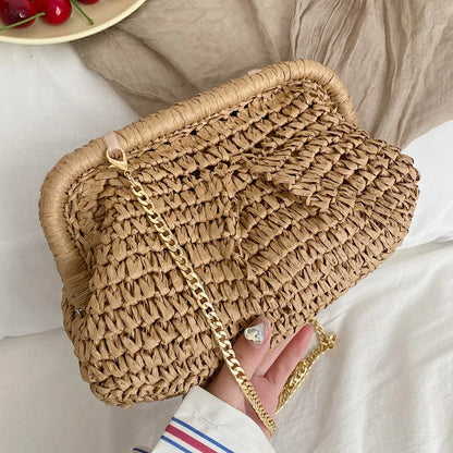 eybag Summer Fashion Women All-match Clutch Sense Of Straw Weave Wallet Bags Ladies Chain Shoulder Bags Hot Pink Crossbody Bags