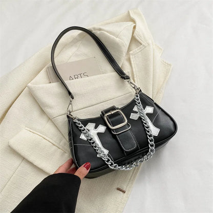 eybag Cool Chain Y2k Girls Underarm Bags Simple Pu Leather Women's Small Shoulder Bag Fashion Retro Female Clutch Handbags Purse