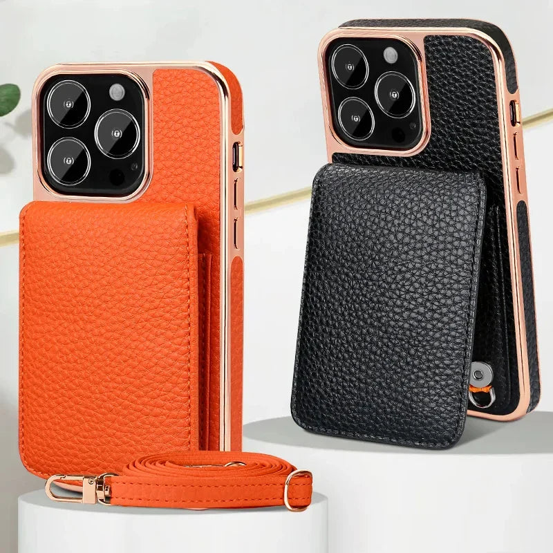 eybag Crossbody Card Slot Holder Phone Case For iphone 15 14 Plus 13 Pro Max Necklace Strap Lanyard Cord Leather Electroplated Cover