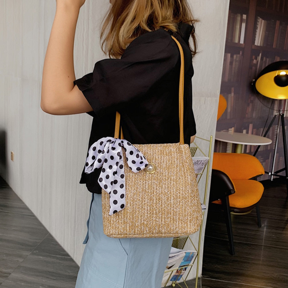 eybag Casual Straw Woven Handbags Women Summer Holiday Beach Bow Totes Top-Handle Bags Fashion Ladies Undearm Shoulder Bags