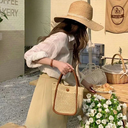 Lkblock Cute Small Shoulder Straw Bag for Women Beach Handbags Basket Bags Female Portable Knitted Straw Woven Bags Tote Composite Bags