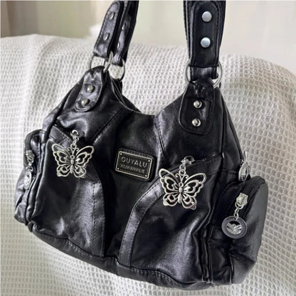 eybag Y2k Black Womens Shoulder Bag Gothic Original Advanced Fashion Tote Bag Large Capacity Leather Motorcycle Vintage Handbag