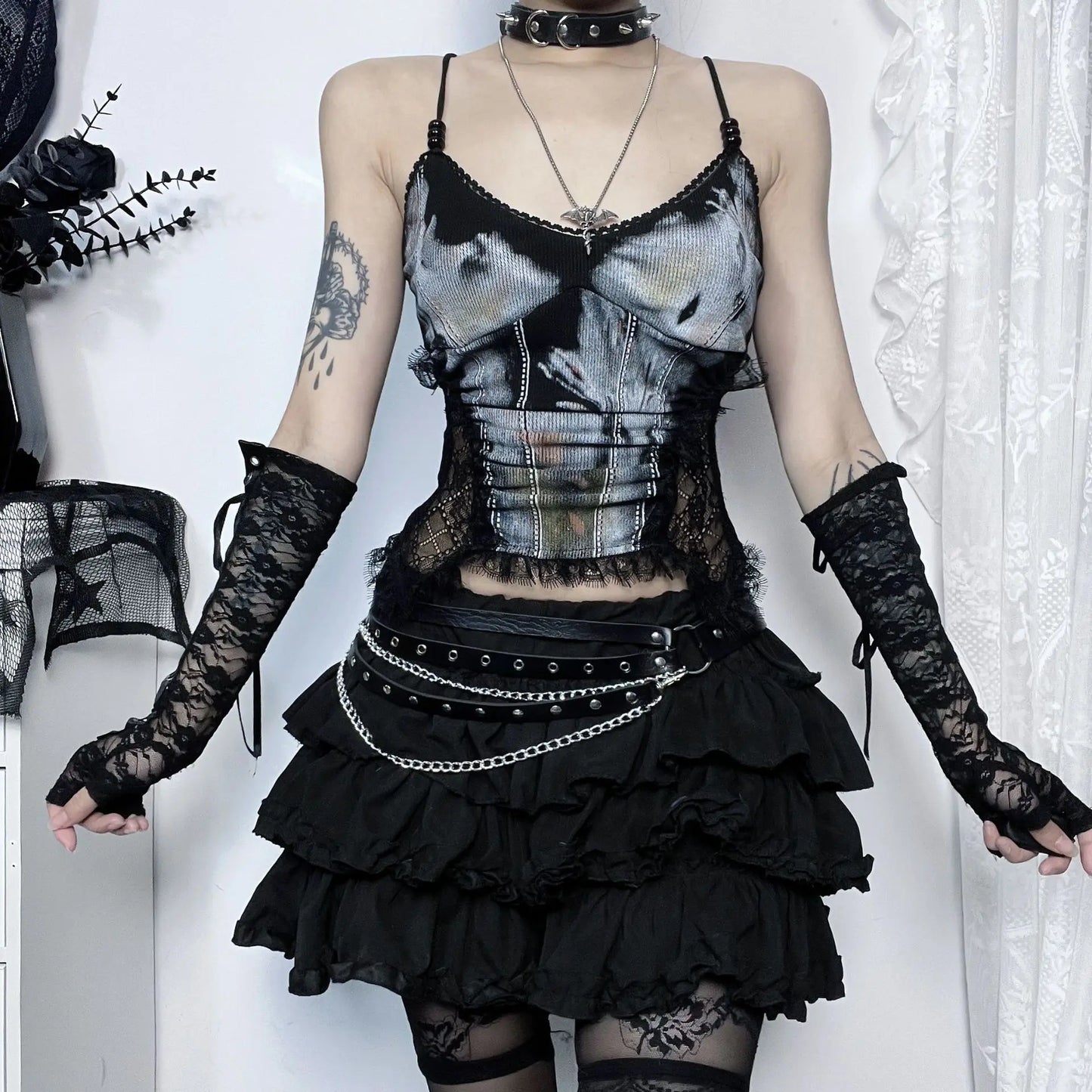 eybag New Punk Grunge Fairy Y2K Tops Gothic Dark Style Sexy Lace Patchwork Printed Glass Bead String Strap Top for Women