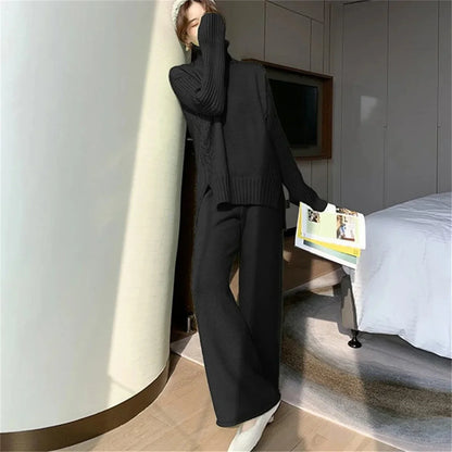 eybag Knitted Loose Turtleneck Sweater Suit Autumn Winter Outfits For Women Solid Long Sleeve Top Wide Leg Pant Sets Fashion Outwear