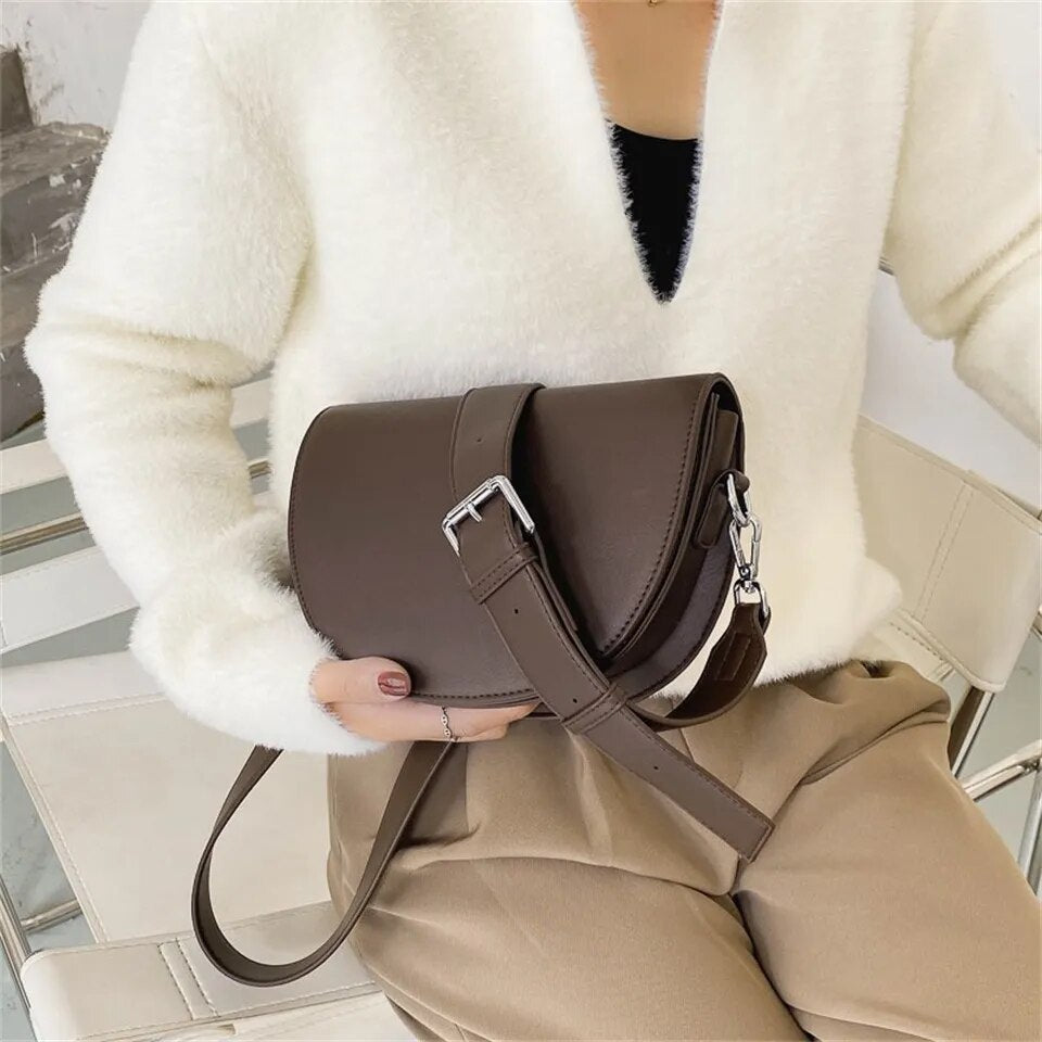 eybag - Retro Solid Color Saddle Bag High Quality Leather Shoulder Bags for Women 2023 New Simple Ladies Crossbody Bag Designer Handbags