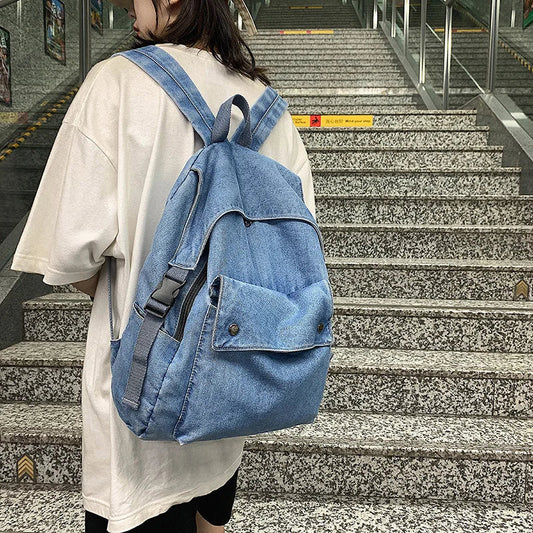 eybag Korean Denim Women Backpacks Large capacity college backpack Casual female big Travel bag Teenage Girl School Bag Bagpack blue