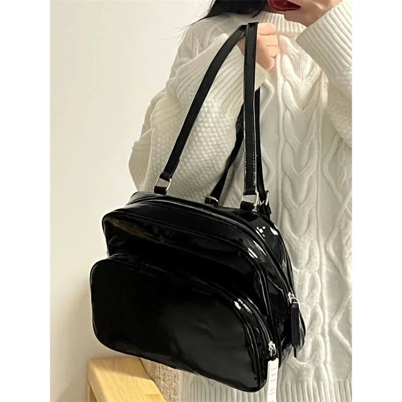 eybag Fashion Trend PU Leather Black Glossy Backpack Sweet Cute Backpack Casual Versatile Street Popular Solid Color Mini Backpacks