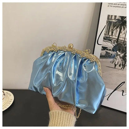 eybag Glitter Laser Women's Leather Cloud Bag 2024 Retro Chain Crossbody Bag Luxury Women's Bag Pleated Dumpling Handbag Party Clutch