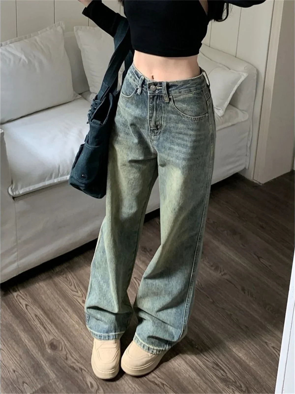 eybag Y2k Wide Leg Women Pants Vintage Blue Jeans Casual 2024 New Washed Pant Streetwear Denim Trousers Femme Baggy Clothes Chic Basic