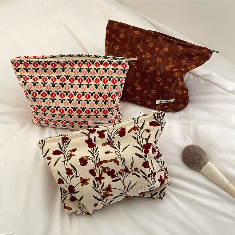 eybag Corduroy Make Up Organizer Clutch Bag Retro Flower Print Cosmetic Bag Wash Bag Women Travel Cosmetic Pouch Beauty Storage Cases