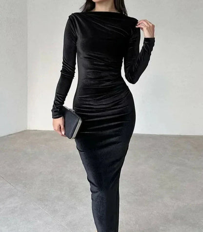 eybag 2024 Autumn Elegant O-neck Folds Mid-calf Velvet Dresses for Women Long Sleeve Tunics High Waist Bodycon Evening Party Dress