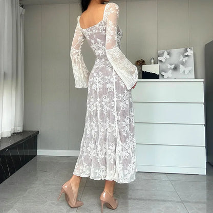 eybag Vintage Lace Long Dress for Women Fashion Elegant Flare Sleeve Square Collar Pleated Dresses Vacation Beach Party Ladies Outfits