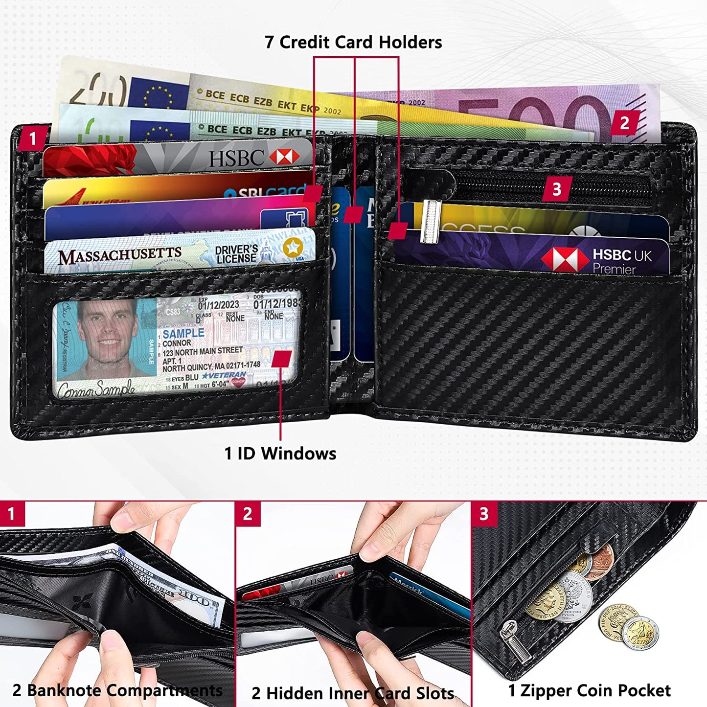 eybag New Business Wallet, RFID Blocking Multi Card Slots With Zipper Coin Clip Men's Wallet Fashion Coin Purse